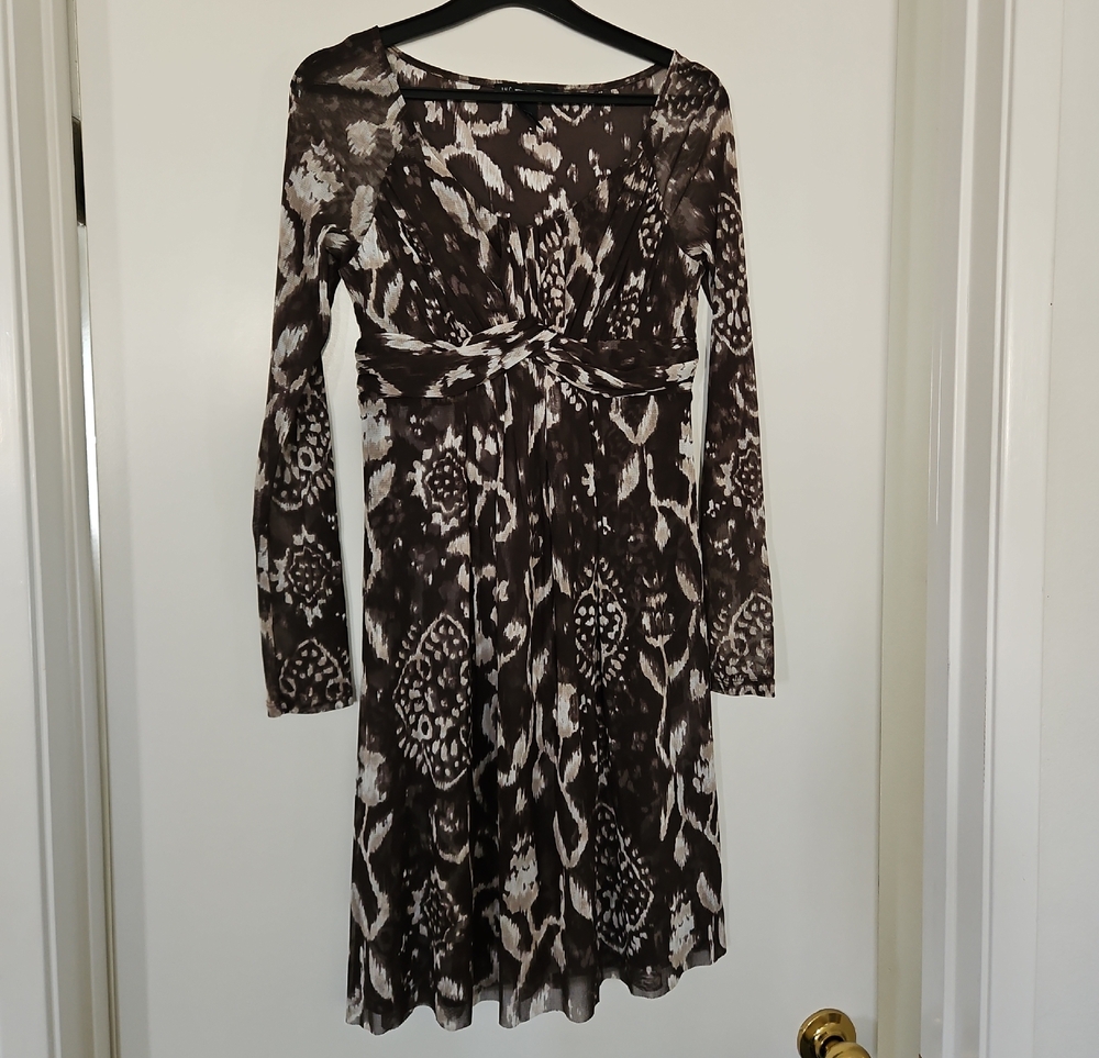 INC International Concepts Brown and Cream Long-Sleeve Twist-Front Dress